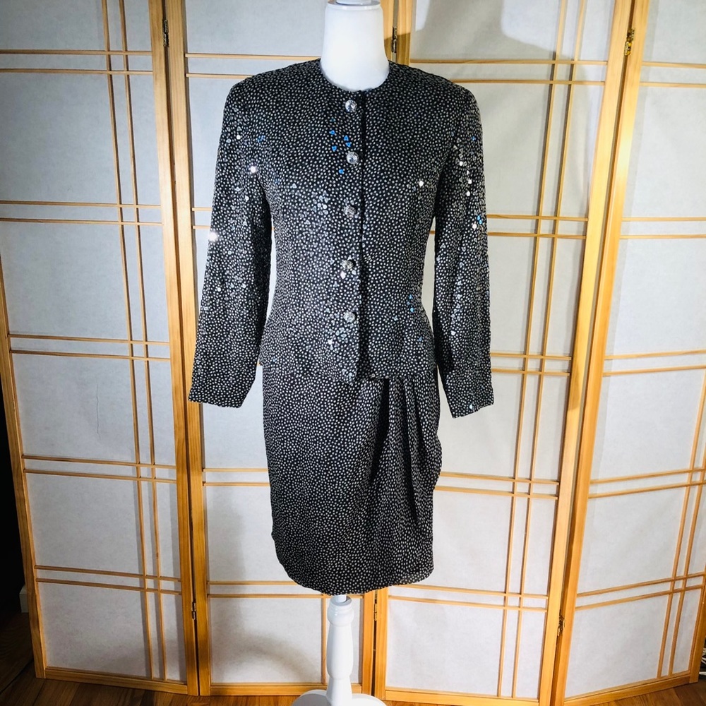 Vintage Albert Nipon Silk Sequins Skirt Suit